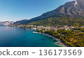 Aerial view of Makarska town on Adriatic coast beneath Biokovo mountains with turquoise sea and beaches 136173569