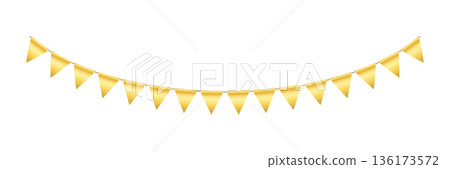 Golden triangle party bunting border. Gold festive flag garland. Birthday party bunting. Yellow flag ribbon chain. Carnival banner. Design element. Vector illustration isolated on white background Golden triangle party bunting border. Gold festive flag garland. Birthday party bunting. Yellow flag ribbon chain. Carnival banner. Design element. Vector illustration isolated on white background 136173572