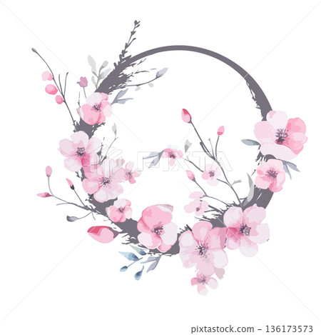 Sakura circle frame Spring Hand drawn. Not AI, vector illustration 136173573