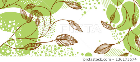 Beautiful decorative floral background with leaves and spots. Floral card. Hand drawn. Not AI, vector illustration 136173574