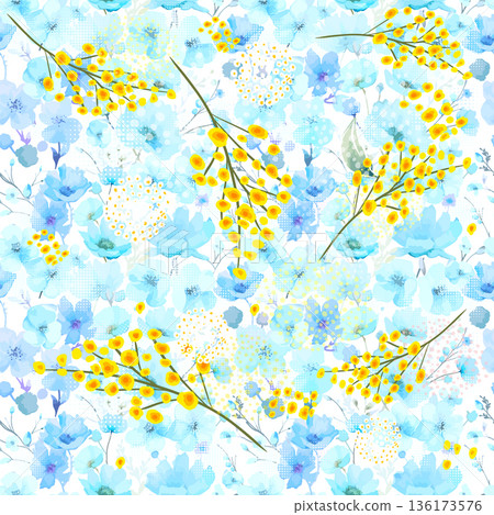Seamless background with blue watercolor flowers and mimosa. Hand drawn. Not AI, vector illustration. 136173576