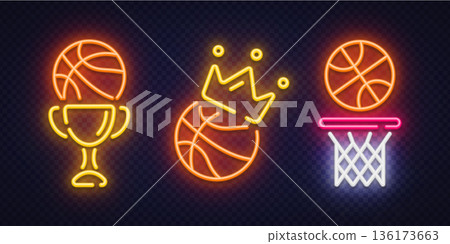Set of three neon basketball icons including trophy, crown ball, and hoop. Bright glowing style fits sports branding, tournaments, and modern game visuals. Set of three neon basketball icons including trophy, crown ball, and hoop. Bright glowing style fits sports branding, tournaments, and modern game visuals. 136173663