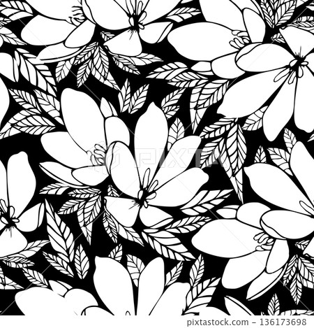 asymmetrical seamless floral white outline pattern on black background, design, background asymmetrical seamless floral white outline pattern on black background, design, background 136173698