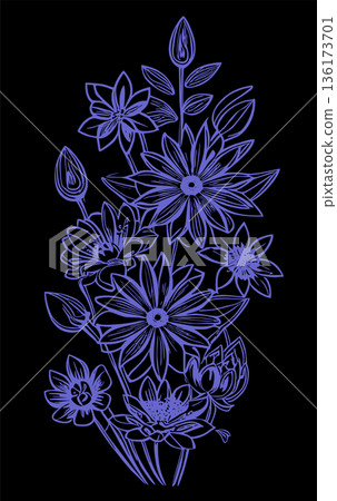 blue graphic contour drawing of a bouquet of flowers on a black background, design blue graphic contour drawing of a bouquet of flowers on a black background, design 136173701