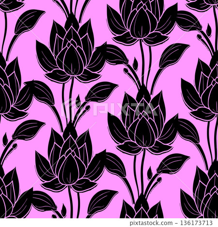 simple seamless black and pink floral pattern, texture, design 136173713