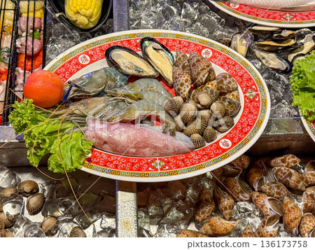 Fresh Seafood Assortment on Ice 136173758