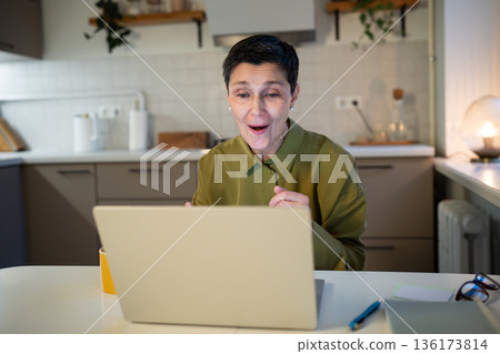 Cheerful positive senior businesswoman looking at laptop screen with surprised happy expression. Cheerful positive senior businesswoman looking at laptop screen with surprised happy expression. 136173814