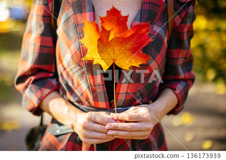 Woman holding red maple leaf in her hands in sunny autumn day, closeup Woman holding red maple leaf in her hands in sunny autumn day, closeup 136173939