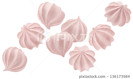 Falling pink meringue cookies isolated on white background with airy sweet texture, full depth of field 136173984