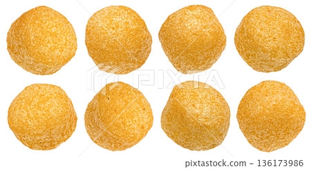 Crispy corn balls, crunchy texture with salted coating isolated on white background, full depth of field 136173986