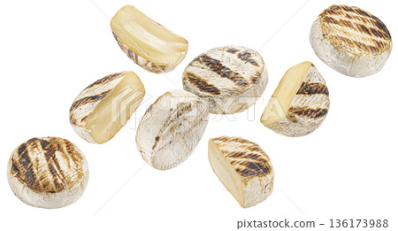 Grilled camembert cheese pieces isolated on white background, soft creamy texture, full depth of field 136173988