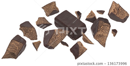 Falling chocolate candy pieces isolated on white background, full depth of field Falling chocolate candy pieces isolated on white background, full depth of field 136173996