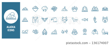 Alaska nature and wildlife line icon set Alaska nature and wildlife line icon set 136174007