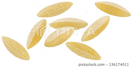 Falling orzo pasta grains isolated on white background with clipping path, full depth of field 136174011