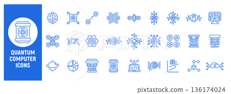 Quantum computer line icon set for advanced computing Quantum computer line icon set for advanced computing 136174024