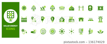 Solar energy solid icons for renewable power systems 136174029