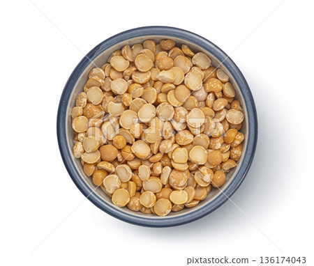 Yellow split peas isolated on white background, ceramic bowl top view, full depth of field Yellow split peas isolated on white background, ceramic bowl top view, full depth of field 136174043