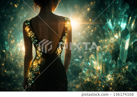 Crystal cave in emerald backlight - silhouette of back framed by shining flowers 136174108