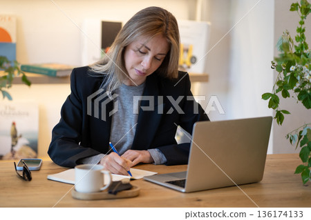 Focused businesswoman working at restaurant, using laptop writing ideas and plans in notebook. Focused businesswoman working at restaurant, using laptop writing ideas and plans in notebook. 136174133