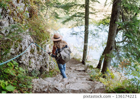 Woman with backpack hiking outdoors in the Forest. Trekking in the Pine Woods. Hiking lifestyle Woman with backpack hiking outdoors in the Forest. Trekking in the Pine Woods. Hiking lifestyle 136174221
