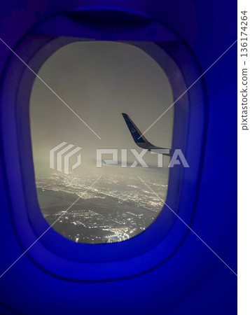 Night City Lights From Airplane Window Night City Lights From Airplane Window 136174264