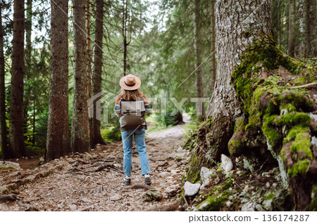 Woman with backpack hiking outdoors in the Forest. Trekking in the Pine Woods. Hiking lifestyle Woman with backpack hiking outdoors in the Forest. Trekking in the Pine Woods. Hiking lifestyle 136174287
