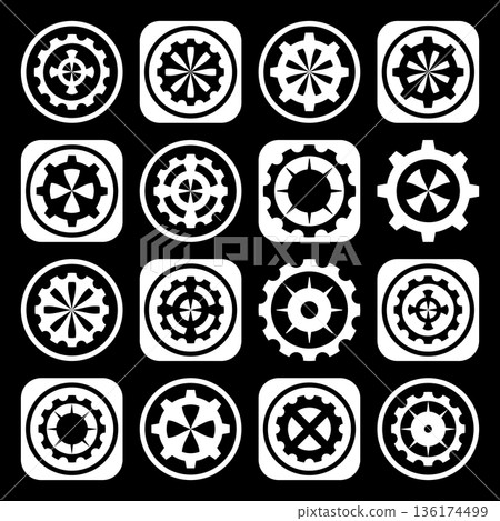 Abstract Gear Icons. Design Elements Set on Black Background. Abstract Gear Icons. Design Elements Set on Black Background. 136174499