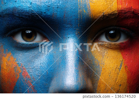 A woman stands with her face covered in bright blue and yellow paint. The focus is on her eyes, showing emotion and expression during a creative event 136174520