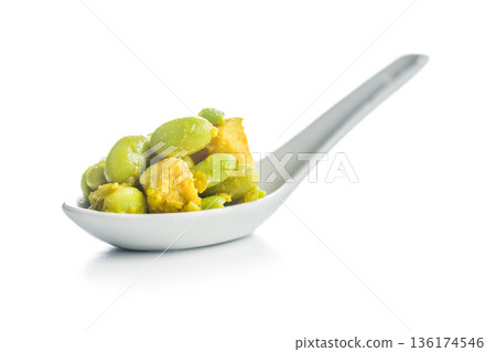 Salad with edamame beans and tofu isolated on white background. Salad with edamame beans and tofu isolated on white background. 136174546