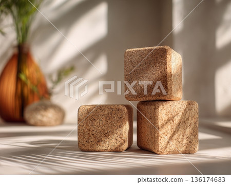 Three yoga blocks made from natural material are placed on a flat surface. Soft light creates shadows around the blocks, highlighting their texture 136174683