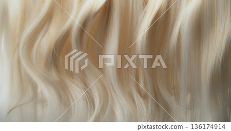 Close-up abstract texture of flowing blonde hair forming soft natural waves. Elegant curves, fine strands and warm tones create a luxurious beauty background ideal for cosmetic, fashion or haircare 136174914