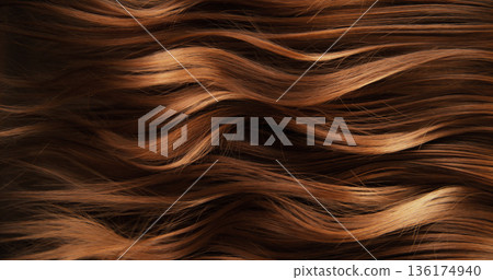 Close-up abstract texture of flowing brown hair forming elegant natural waves and curves. Organic motion, soft light and rich tones create a cinematic beauty background or luxury visual element. Close-up abstract texture of flowing brown hair forming elegant natural waves and curves. Organic motion, soft light and rich tones create a cinematic beauty background or luxury visual element. 136174940