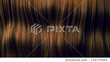 Close-up abstract texture of flowing brown hair forming elegant natural waves and curves. Organic motion, soft light and rich tones create a cinematic beauty background or luxury visual element. Close-up abstract texture of flowing brown hair forming elegant natural waves and curves. Organic motion, soft light and rich tones create a cinematic beauty background or luxury visual element. 136174944