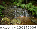 Shandra waterfall among green forest of Ukrainian Carpathians. A small, tiered waterfall spills over flat rock ledges, creating a gentle staircase of flowing water of mountain stream in green forest. 136175006