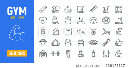 Gym sport line icons. Exercise health diet fit weight pictogram set. Gym training muscle lifestyle 136175117
