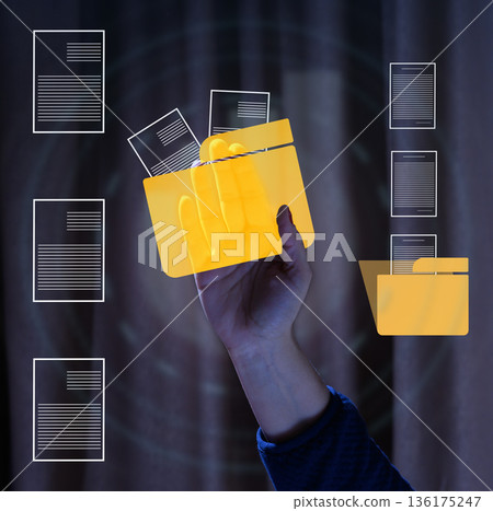 Human hand holding translucent yellow digital folder with documents on dark abstract background with file icons. Human hand holding translucent yellow digital folder with documents on dark abstract background with file icons. 136175247