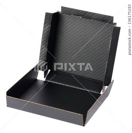 Empty open black corrugated cardboard box with diagonal texture, isolated background 136175283