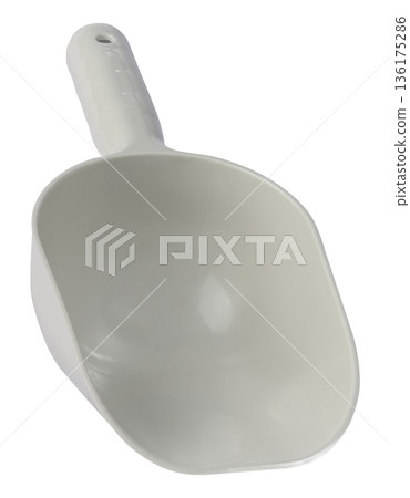A universal plastic scoop for bulk products or feed in gray on an isolated background. A universal plastic scoop for bulk products or feed in gray on an isolated background. 136175286