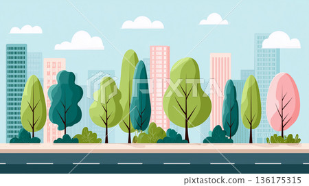 【未來都市與自然的融合】扁平化設計城市景觀與公園風景插畫 136175315