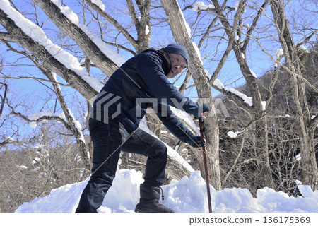 一位老人在雪路上拄著拐杖進行復健訓練。 136175369
