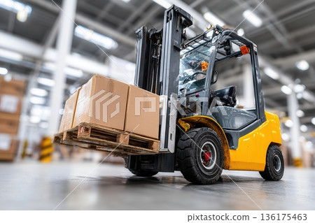 Forklift transporting palletized boxes in warehouse Forklift transporting palletized boxes in warehouse 136175463