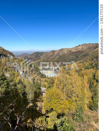 Autumn Mountain Valley Landscape With Forest and Clear Blue Sky in Kazakhstan 136175520