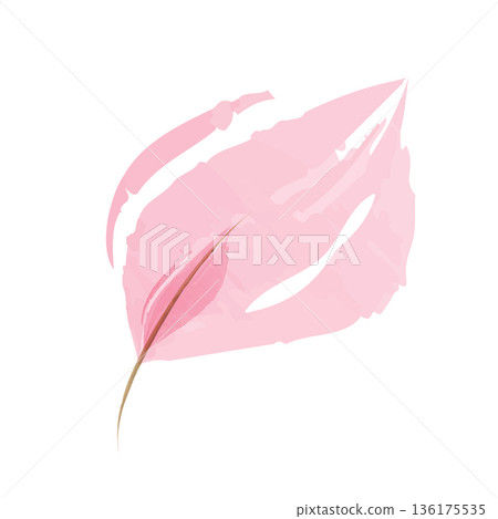 A delicate single pink watercolor leaf floats gracefully on a clean white background. Its soft hues blend smoothly, creating a tranquil botanical illustration. The leaf shows subtle vein details. A delicate single pink watercolor leaf floats gracefully on a clean white background. Its soft hues blend smoothly, creating a tranquil botanical illustration. The leaf shows subtle vein details. 136175535