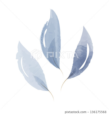 Three delicate blue watercolor leaves showcase a soft, abstract botanical design. Gentle wash textures define each leaf, accented by thin stems. Three delicate blue watercolor leaves showcase a soft, abstract botanical design. Gentle wash textures define each leaf, accented by thin stems. 136175568