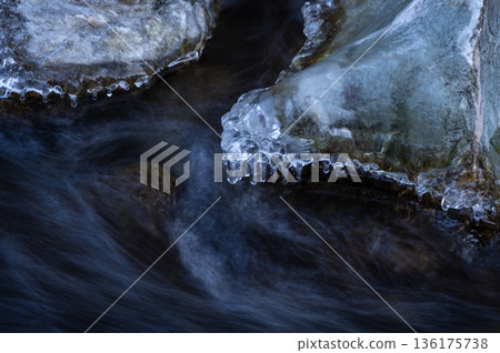 The source of the Arakawa River in Chichibu in winter, with ice patterns covering the rocks and the flow of the mountain stream The source of the Arakawa River in Chichibu in winter, with ice patterns covering the rocks and the flow of the mountain stream 136175738