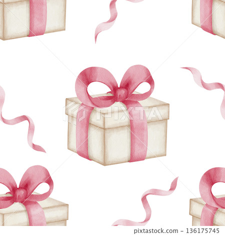 Seamless watercolor pattern with gift boxes, pink bows, ribbons on white background. Realistic illustrations for wrap, wallpaper, textiles, curtains, greeting cards, children's products, and holidays 136175745