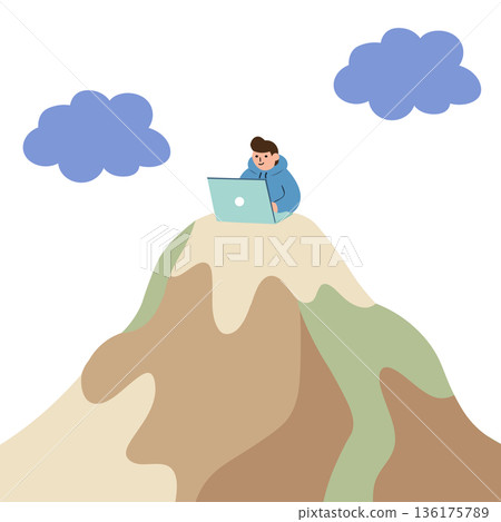 Vector illustration of a digital nomad working on a laptop from a mountain peak, representing remote work, freedom, and adventure travel Vector illustration of a digital nomad working on a laptop from a mountain peak, representing remote work, freedom, and adventure travel 136175789