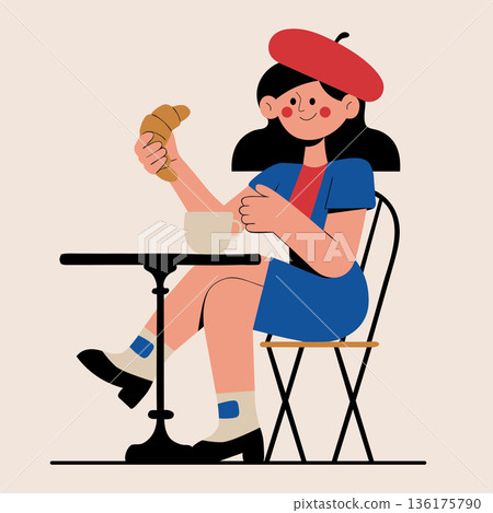 Cheerful cartoon girl in a stylish beret happily enjoying a croissant and a cup of coffee, perfect for cafe culture, parisian themes, or breakfast Cheerful cartoon girl in a stylish beret happily enjoying a croissant and a cup of coffee, perfect for cafe culture, parisian themes, or breakfast 136175790