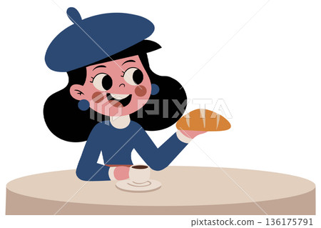 Joyful girl with a beret, smiling as she holds a croissant and a coffee cup. Ideal for bakery or coffee shop branding 136175791