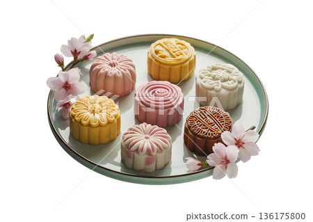 Assorted traditional mooncakes and cherry blossom flowers arranged on a ceramic plate, representing the mid-autumn festival and asian culture 136175800